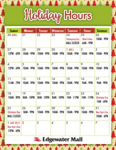 Edgewater Mall Holiday Hours for 2016