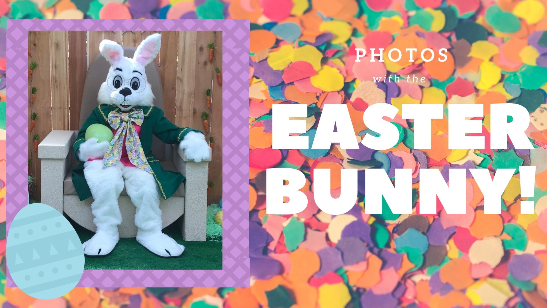 Easter bunny holding an egg with confetti back ground